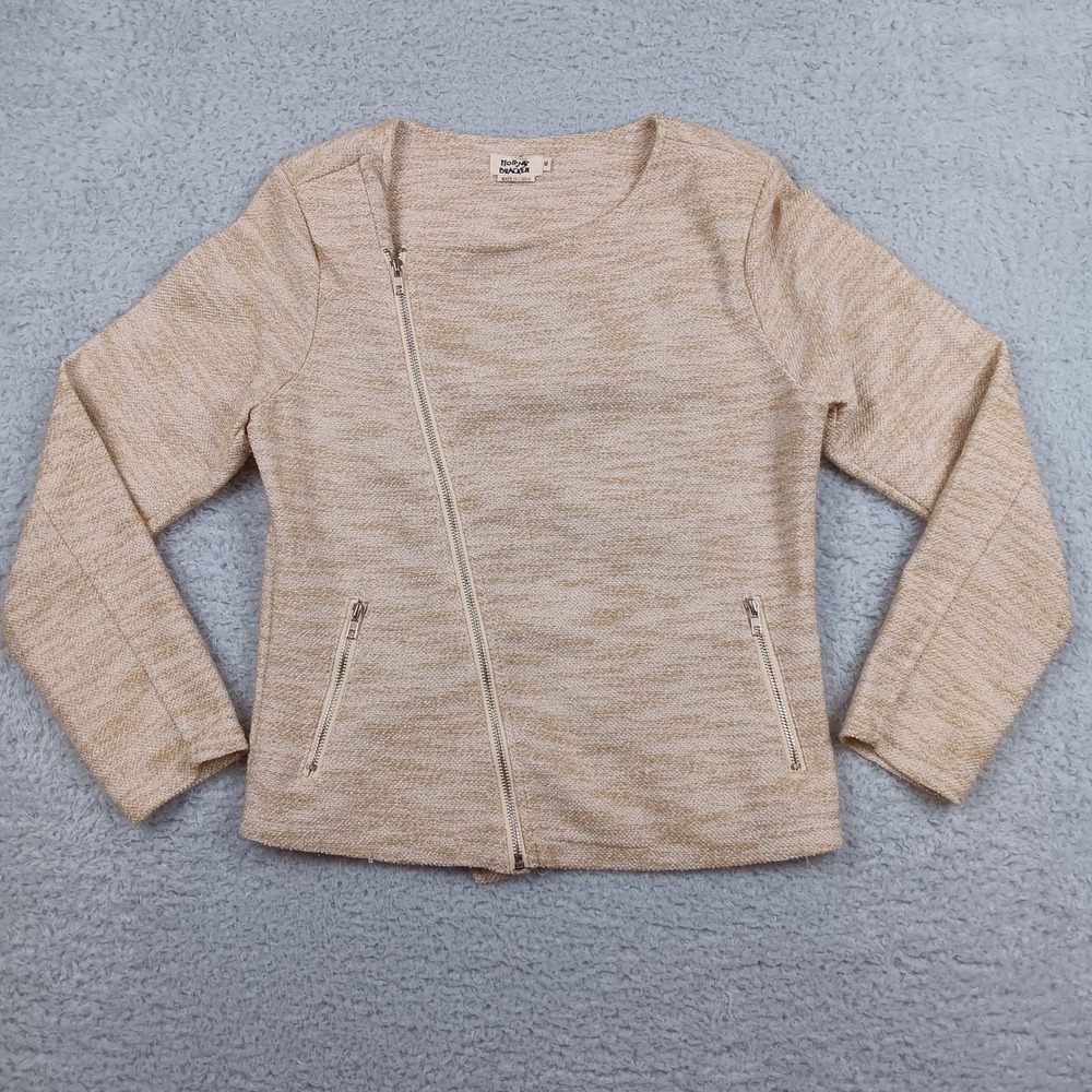 Holly Bracken Jacket Moto Woman M Tan Gold Metallic Knit Tweed E411P17